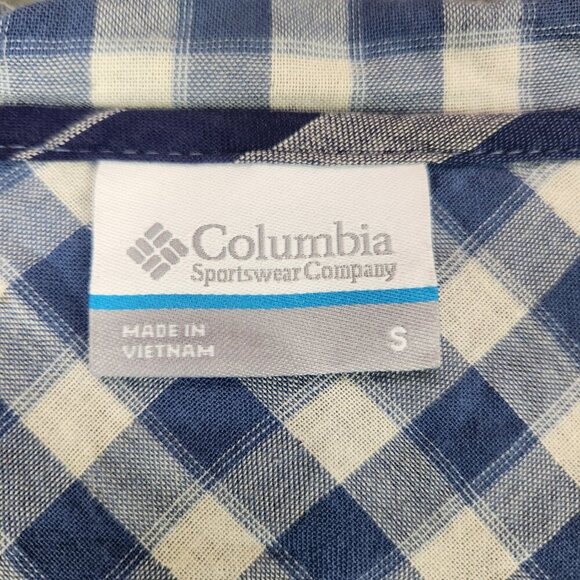 Columbia Button up Hooded Shirt Women's S Blue Stripe Roll Tab Long Sleeve - Picture 6 of 7
